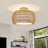 Dundridge Rattan Ceiling Light Fixtures, Hand-woven Boho Flush Mount Ceiling Light, Handmade Rattan Light Fixtures Ceiling Mount with Fabric Shade, Farmhouse Light Fixture for Bedroom Hallway Entryway