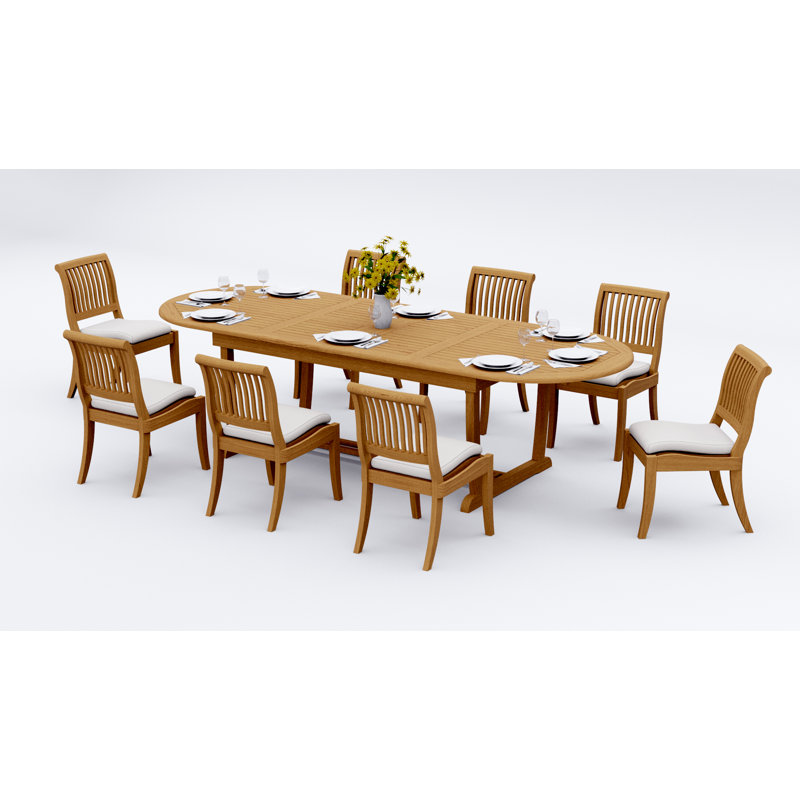 7 Pcs Grade-A Teak Wood Dining Set: 118" Double Extension Mas Oval Trestle Leg Table And 6 Arbor Stacking Armless Chairs #11AB2700