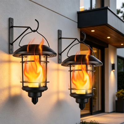 2 Pack Solar Flame Wall Lanterns, Flickering LED Outdoor Hanging Lights, For Patio Porch Garage Stair