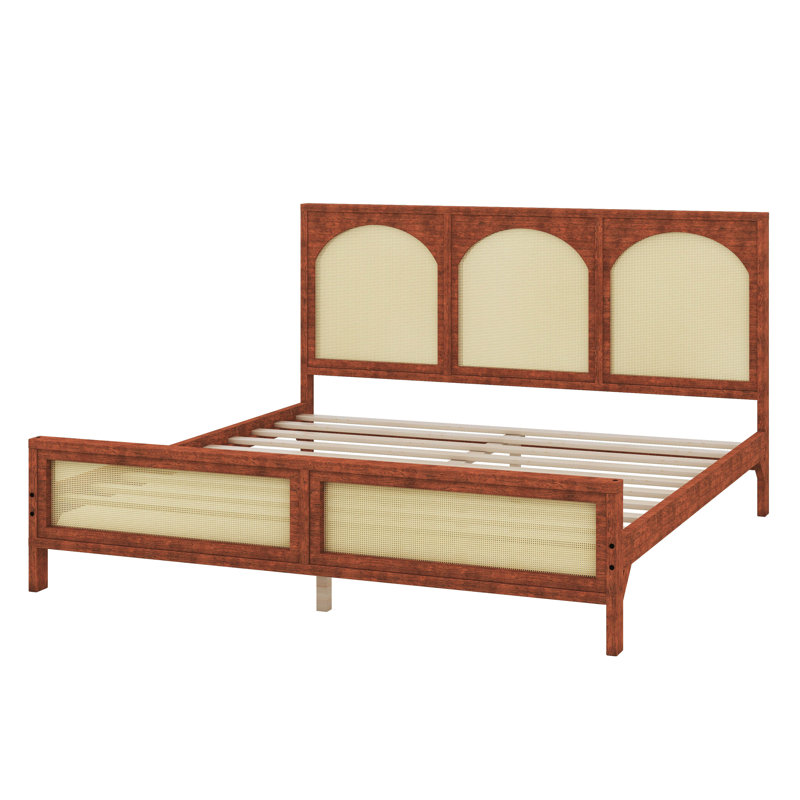 Lit plateforme très grand en bois avec tête et pied de lit en rotin, support de lattes solide, aucun sommier requis