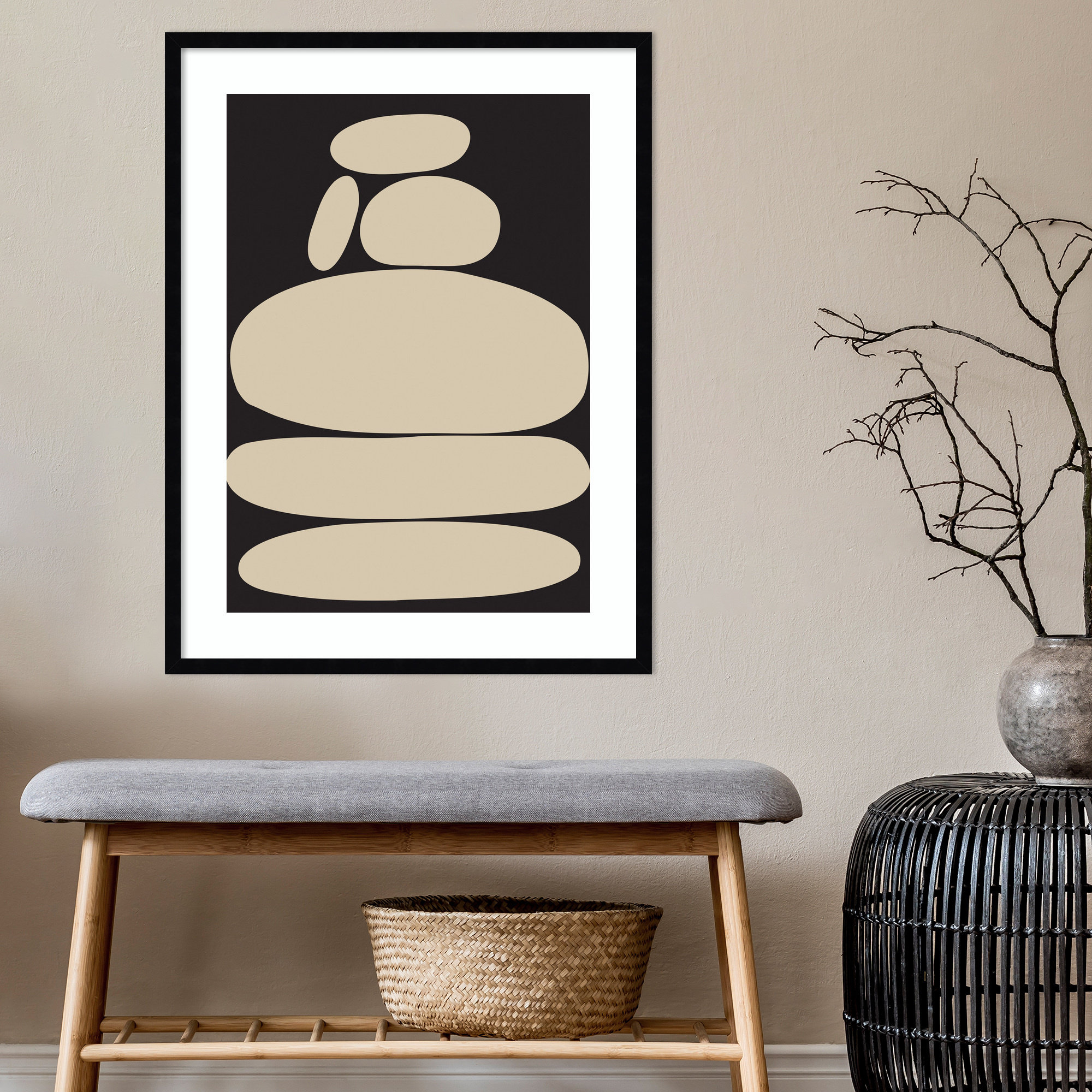 Zen River Rocks Black And Tan by The Creative Bunch Studio, 33" H x 25" W, Black Framed