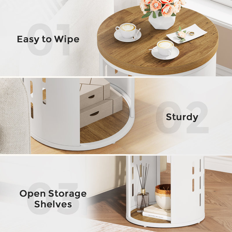 Table de bout ronde à 2 niveaux avec tablette de rangement, plateau en bois rustique et structure en métal blanc pour les salons et les petits espaces