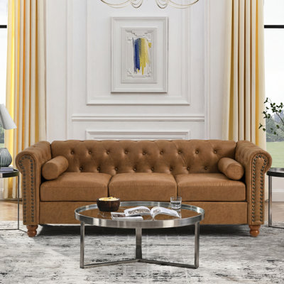 Jhosep 80'' Faux Leather Sofa, Nailhead Tufted Couch With Pillows
