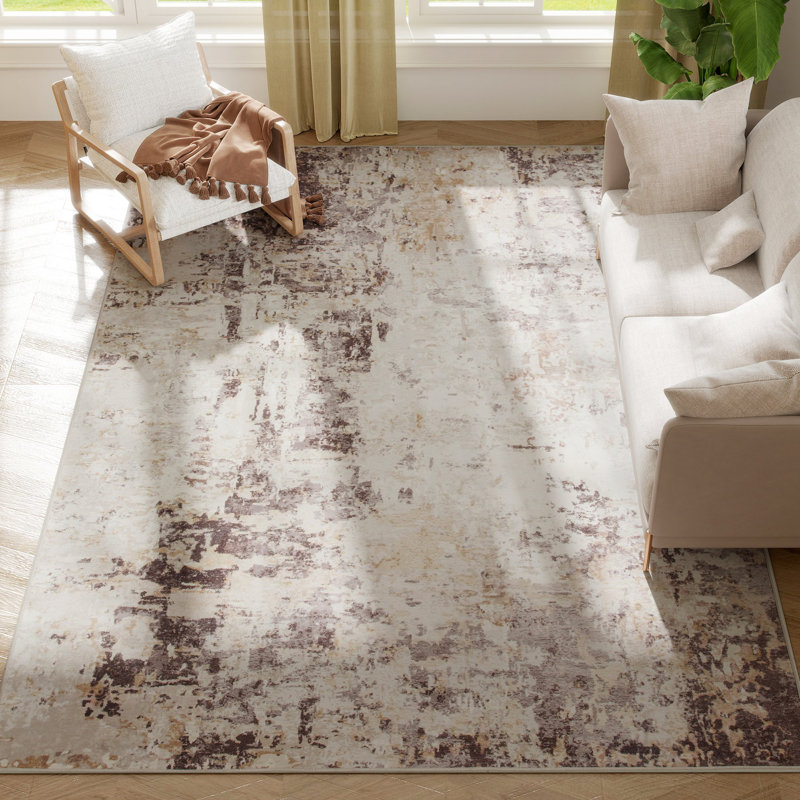 Area Rug, Machine Washable Rug, Distressed Non-Slip Modern Abstract Floor Cover Foldable Carpet for Living Room, Bedroom, Dining Room, Mixed-Brown