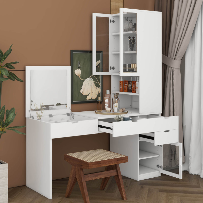 Bureau de maquillage avec miroir, station de charge et tablettes de rangement, coiffeuse à 3 tiroirs, 2 armoires de chambre à coucher, bureau personnel