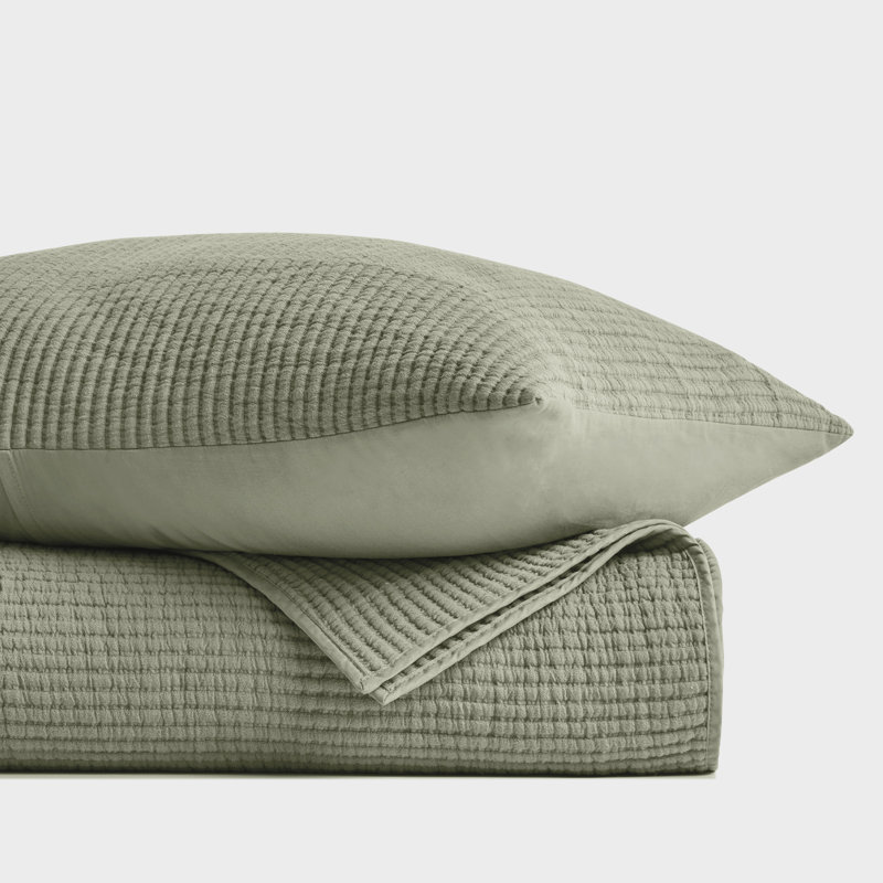 Ensemble de couvre-lit en coton côtelé matelassé, Courtepointe pour lit grand + deux taies décorati, Vert sauge