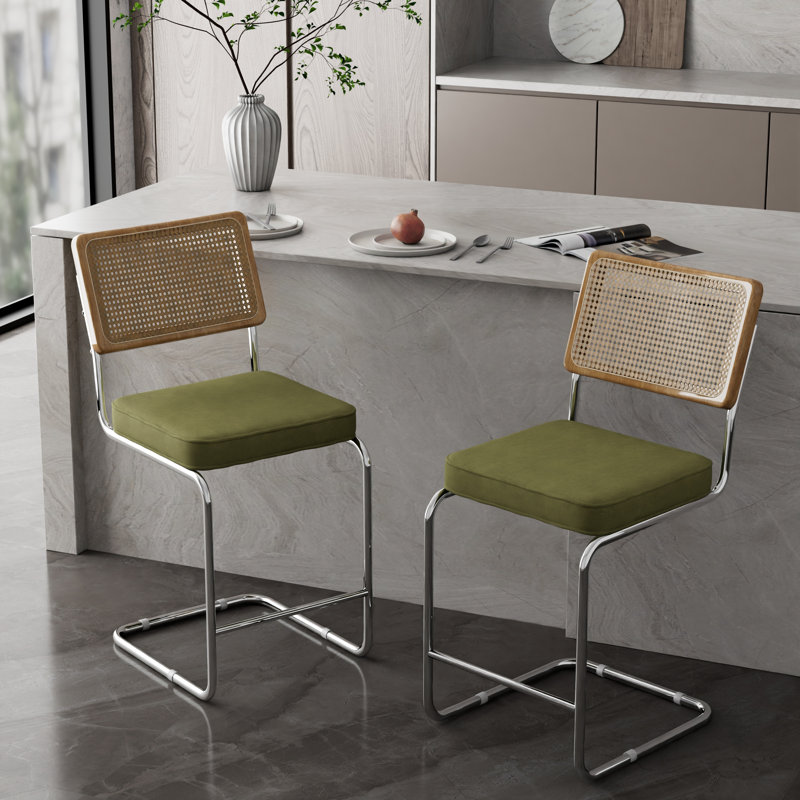 Tabouret de bar / tabouret de bar en acier inoxydable avec dossier en rotin - ensemble de 2, Vert