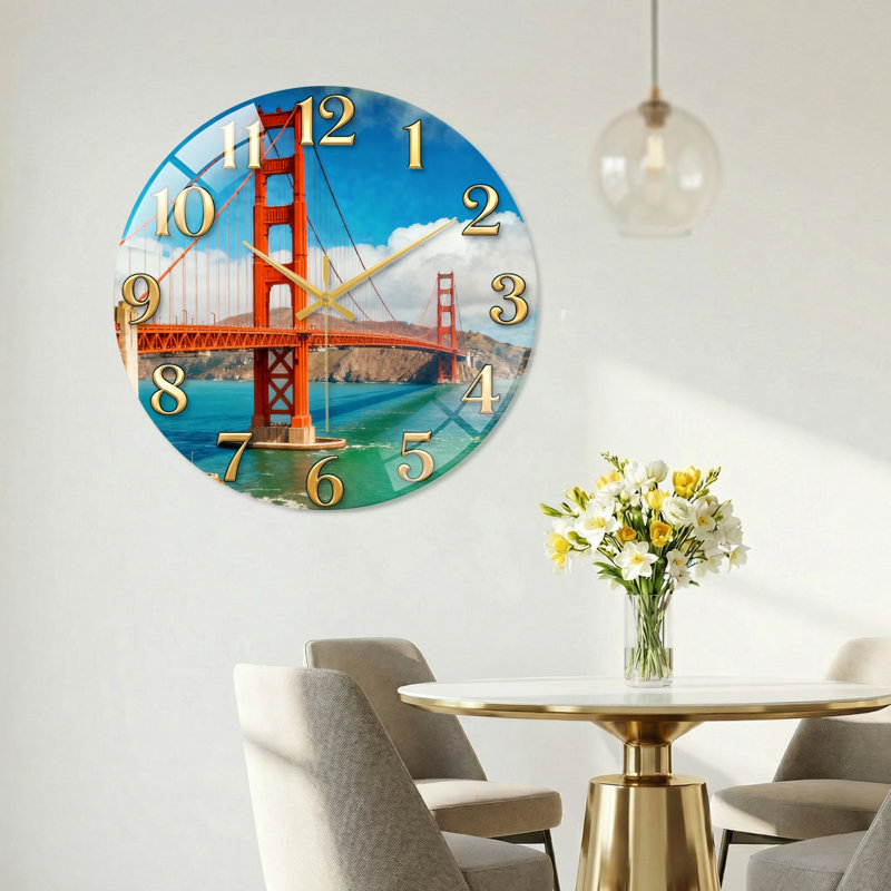 Horloge murale en verre Golden Gate, 40 x 40 cm (15,7 x 15,7 pouces)