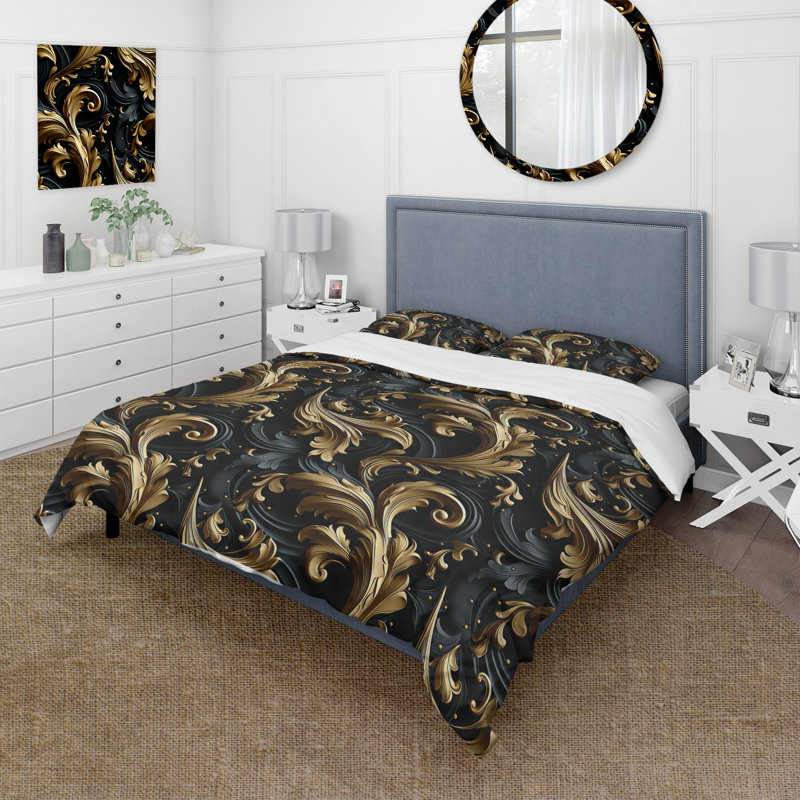 Literie symphonique damassée dorée et noire de luxe, Housse de couette pour grand lit et 2 taies décor