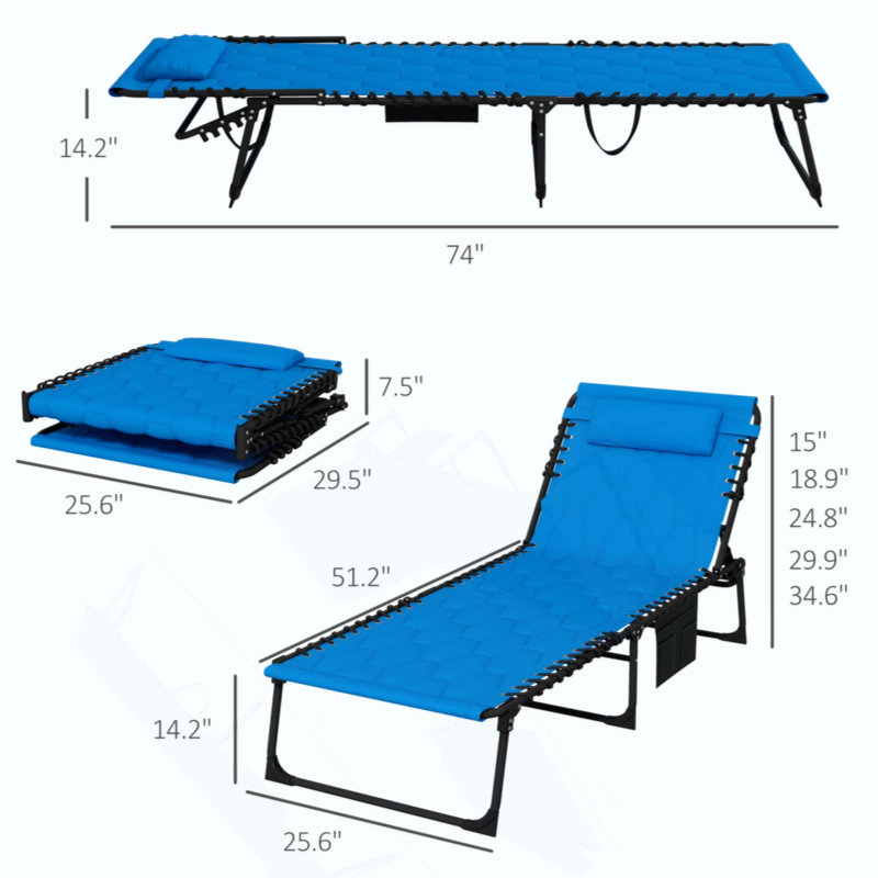 Folding Chaise Lounge Set With 5-Level Reclining Back, Outdoor Lounge Chair With Padded Seat, Side Pocket & Headrest For Beach, Yard, Patio
