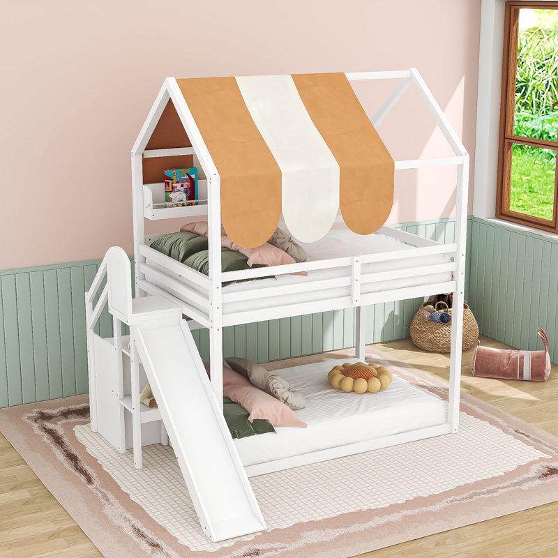 Wood Loft Bed With Slide And Built-In Shelves And Playhouse-Style, White