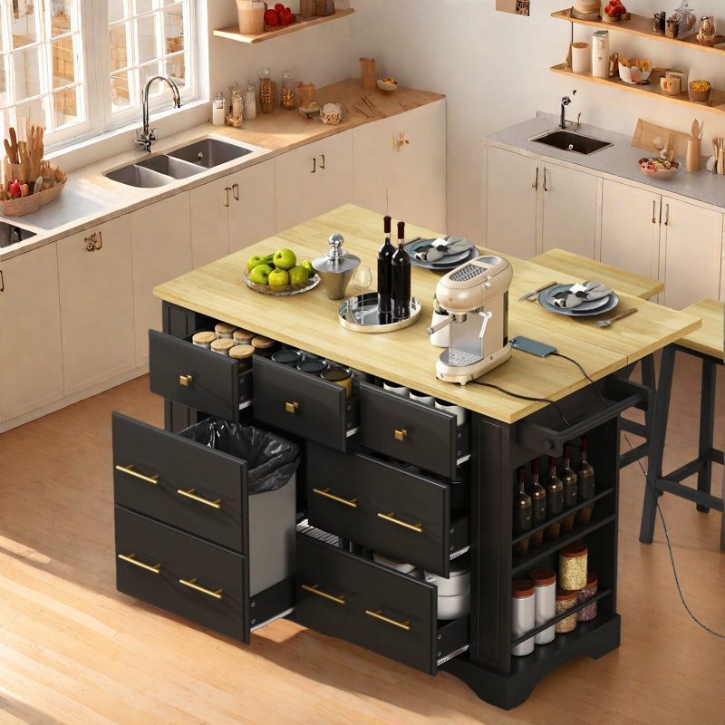Littrell 51.2‘’W Kitchen Island With 6 Drawers, Black