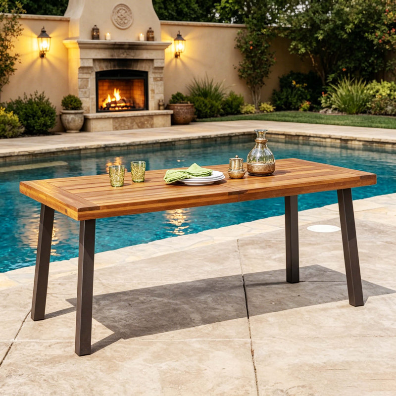 Table de salle à manger rectangulaire en bois d'acacia avec pieds en métal foncé, table de patio résistante aux intempéries pour la cour, le jardin et la piscine