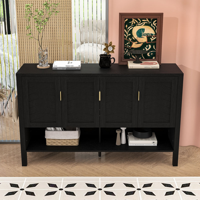 Storage Sideboard with 4-Door Design, Adjustable Shelves, Open Shelf and Dual-Sided Hooks, Black