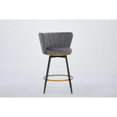 2 tabourets de bar à hauteur de comptoir - siège pivotant à 360 °, dossier rembourré, velours gris, hauteur de siège de 26 po, pieds en métal, 2 tabourets avec repose-pieds, avec tissu en velours, noir mat côtier et repose-pieds
