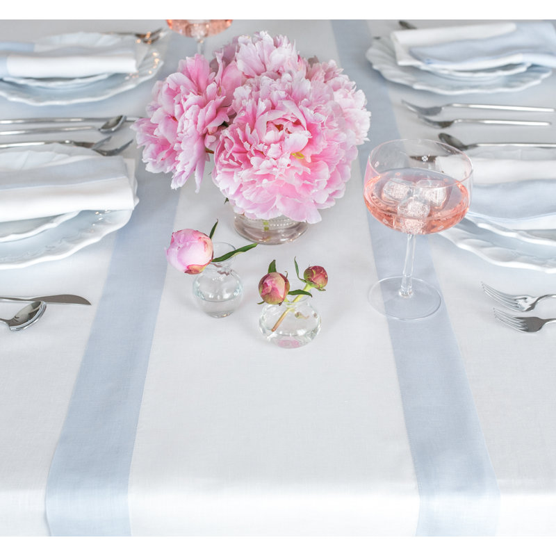 Contempo - 100% Pure Linen Table Runner, 90" x 14", Light Blue/White