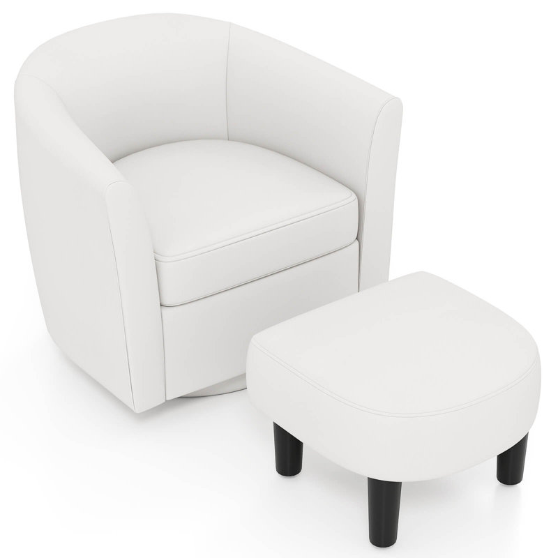 Fauteuil demi-tonneau pivotant avec repose-pieds, dossier courbé et accoudoirs, Blanc