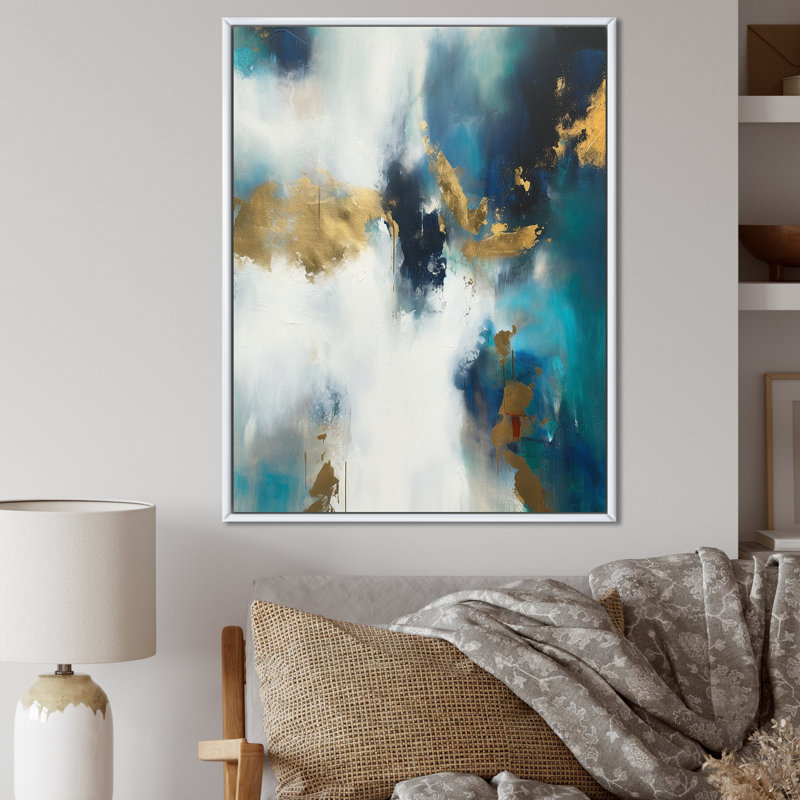 Indigo Awakening abstrait en bleu et or I sur toile, H 44 po x l 34 po x P 1,5 po, Cadre flottant blanc