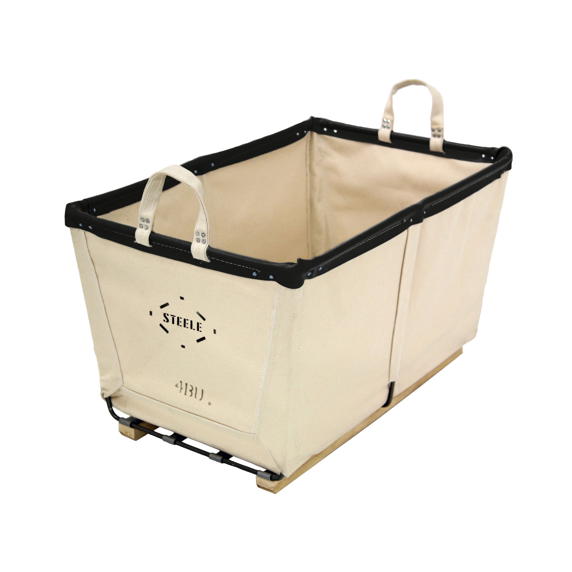 Canvas Carry Basket - 4 Bu, Medium (17.5" H x 19" W x 25" D), Natural Canvas with Black Leather Rim