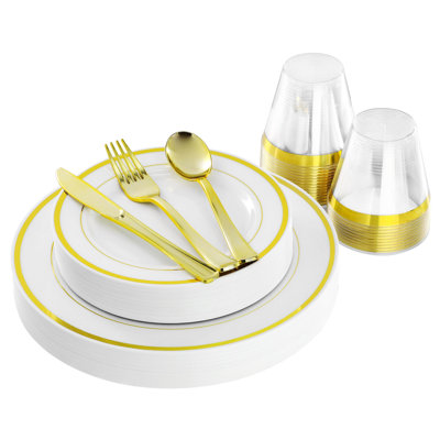 MegaChef 150 Piece Disposable Plastic Dinnerware Party Set for 25 Guests in White with Gold Trim