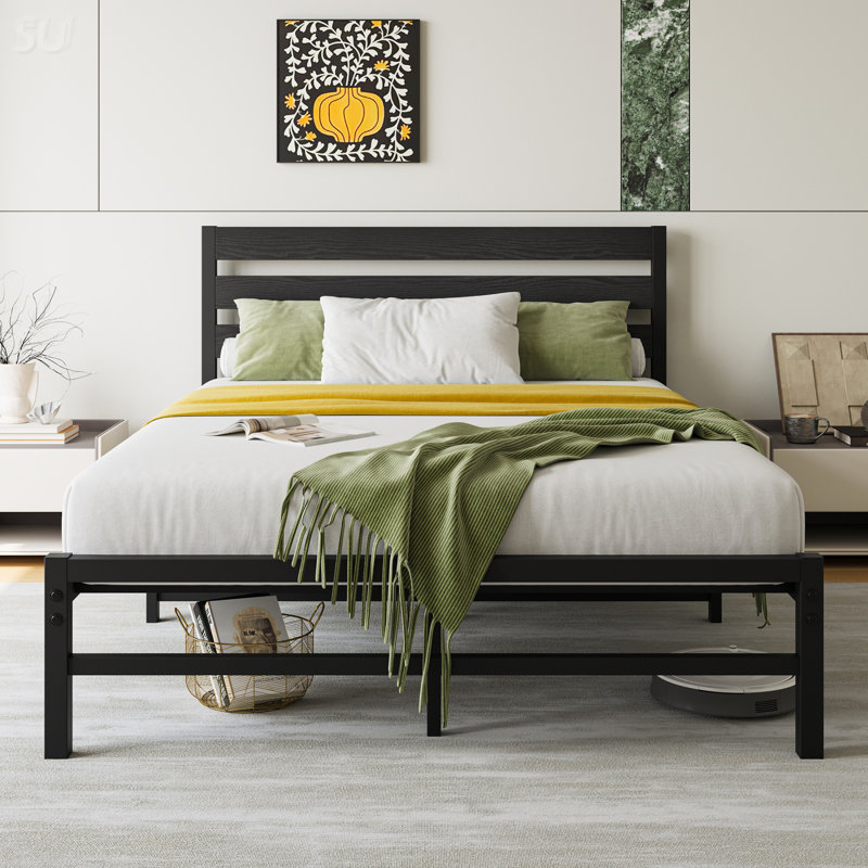 Structure de lit plateforme avec tête de lit en bois rustique rétro, aucun sommier nécessaire, Double, Noir