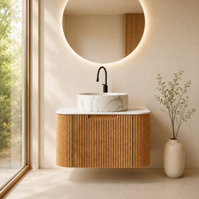 Meuble-lavabo mural simple de 61 cm (24 po) d'aspect bois, avec comptoir en pierre artificielle et lavabo en céramique
