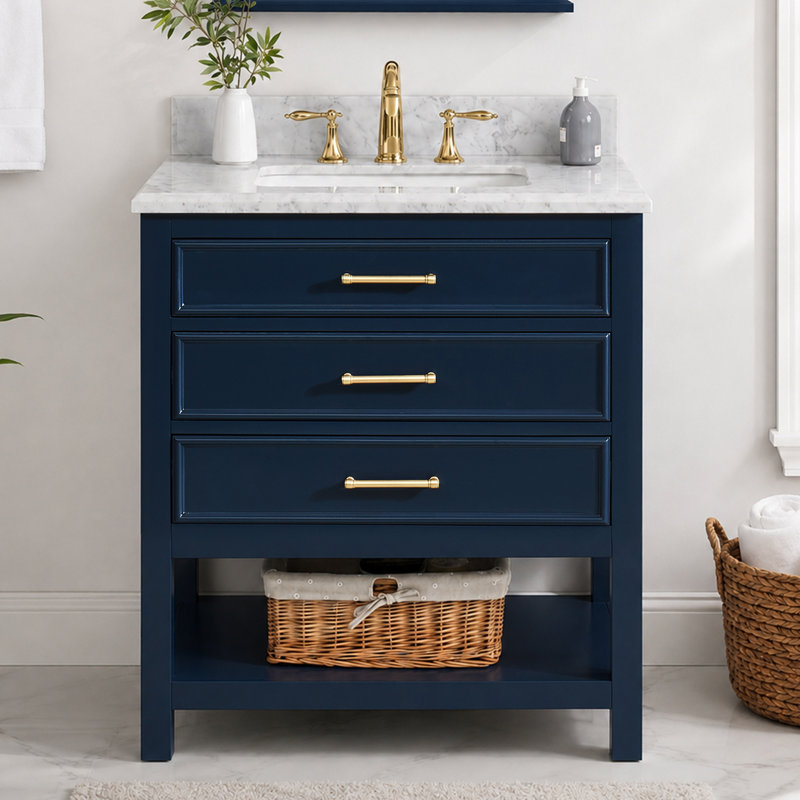 Meuble-lavabo simple 30 po avec plateau en marbre Colleen, Marine, Carrara Marble