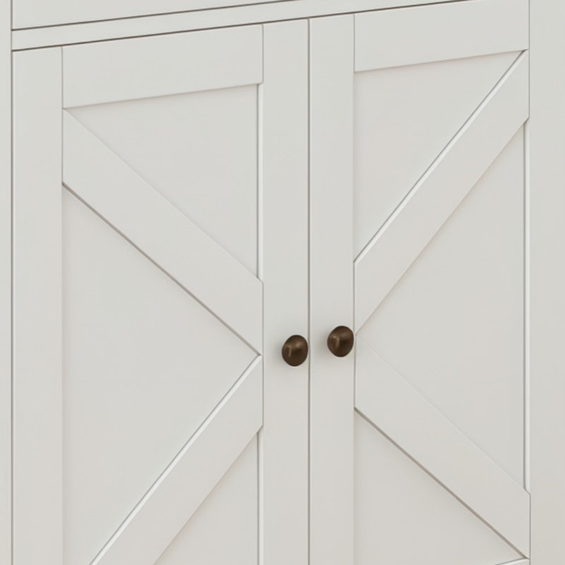 White Farmhouse-Style Wooden Sideboard, Four Doors, Two Drawers, Adjustable Shelves.