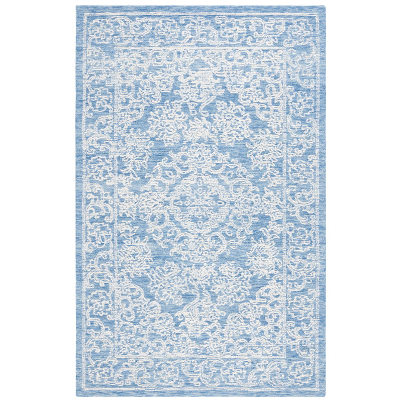 Tapis oriental ivoire / bleu en laine touffeté à la main Plarent, Rectangle 8 pi x 10 pi