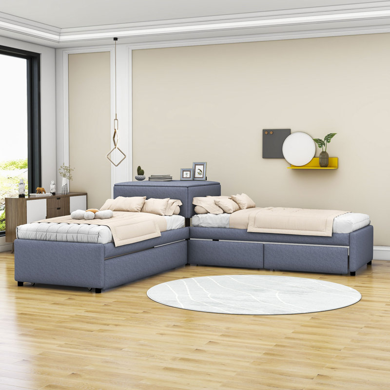 Lampart Twin Size L-Shaped Upholstered Platform Bed with Trundle and Two Drawers