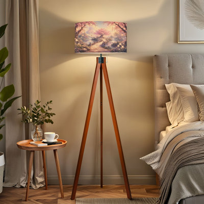  Tripod Standing Lamp Enchanting Fantasy Landscape Cherry Blossom Trees Castle Remote Controlled Dimmable LED Floor Lamp with Beech Wood Legs & Detachable Linen Shade for Farmhouse Apartment Living Room and Bedroom