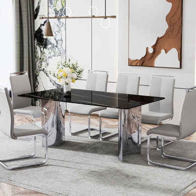 Useful Table And Chair With A Tempered Glass Top Displaying Black Marble Pattern Silver Stainless Steel Support, Paired 6 Comfortable Gray Pu Chairs Versatile - Seater Featuring Stickers Curved Legs,