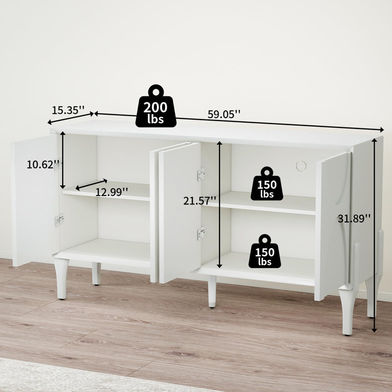 59" Storage Sideboard Cabinet, Mid-Century Modern Buffet with Adjustable Shelves and Solid Wood Legs for Dining Room or Living Room ，White