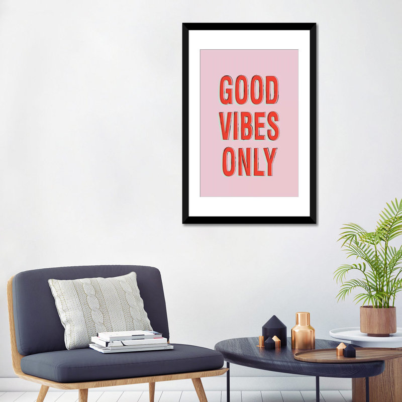 «Good Vibes Only», art textuel sur toile, H 24 po x l 16 po x P 1 po, Papier d'art encadré noir, Blanc