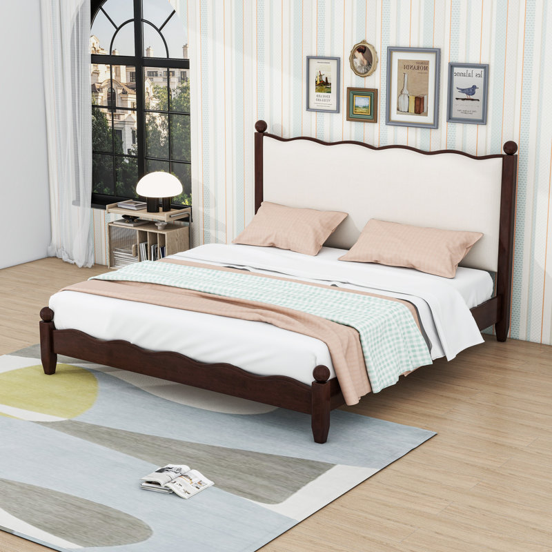 Lit plateforme avec tête de lit tapissier et structure en bois robuste, Grand lit, Espresso
