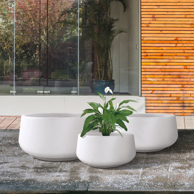 Wurster 3 Piece 21.6", 16.9", and 12.5"W Round Concrete Elegant Planters, Outdoor Indoor Modern Planter Pots, Lightweight, Weather Resistant, Seamless with Drainage Hole Set