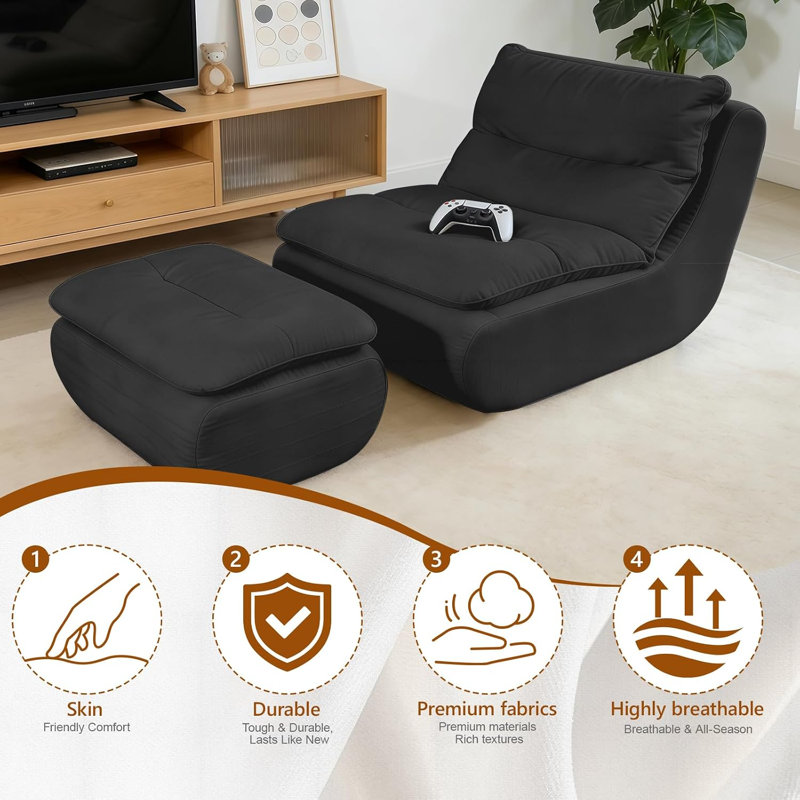  Large Chenille Bean Bag Chair With Matching Ottoman Ergonomic Indoor Relaxation Furniture, Beige, Black