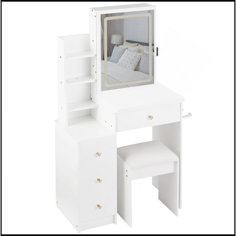 29.2" Small Size Left Bedside Cabinet Vanity Table + Cushioned Stool, 2 AC+2 USB Power Station, Hair Dryer Bracket, Extra Large Touch Control Sliding LED Mirror, Tri-Color Switching, Brightness Adjust