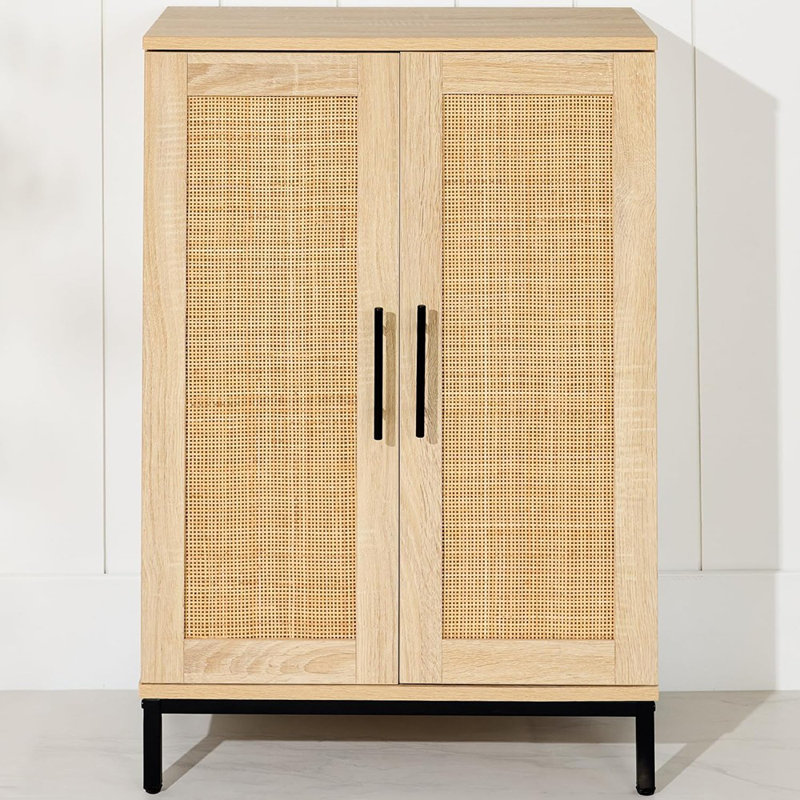 Armoire de rangement multi-usages en rotin 2 portes avec tablettes réglables - Naturel