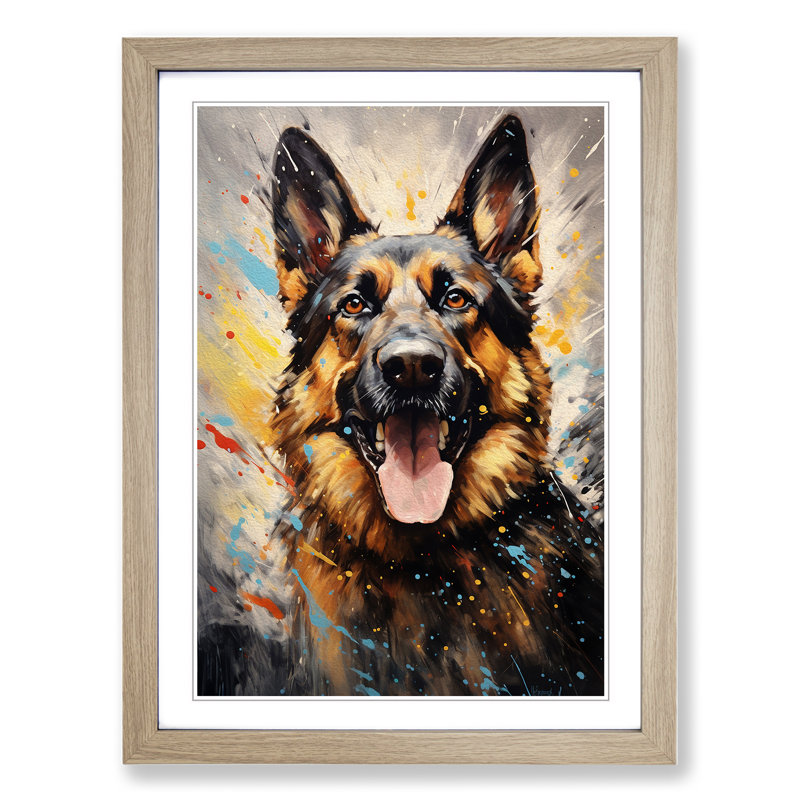German Shepherd Action Painting - Framed Print, Oak Framed, 64cm H x 46cm W