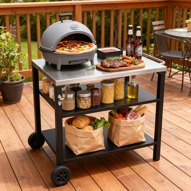 Chariot de barbecue extérieur à 3 niveaux avec surface en acier inoxydable, roues de table de préparation barbecue, barre de service roulante pour patio et cour arrière, support de four à pizza en noir, construction, grand rangement, stable