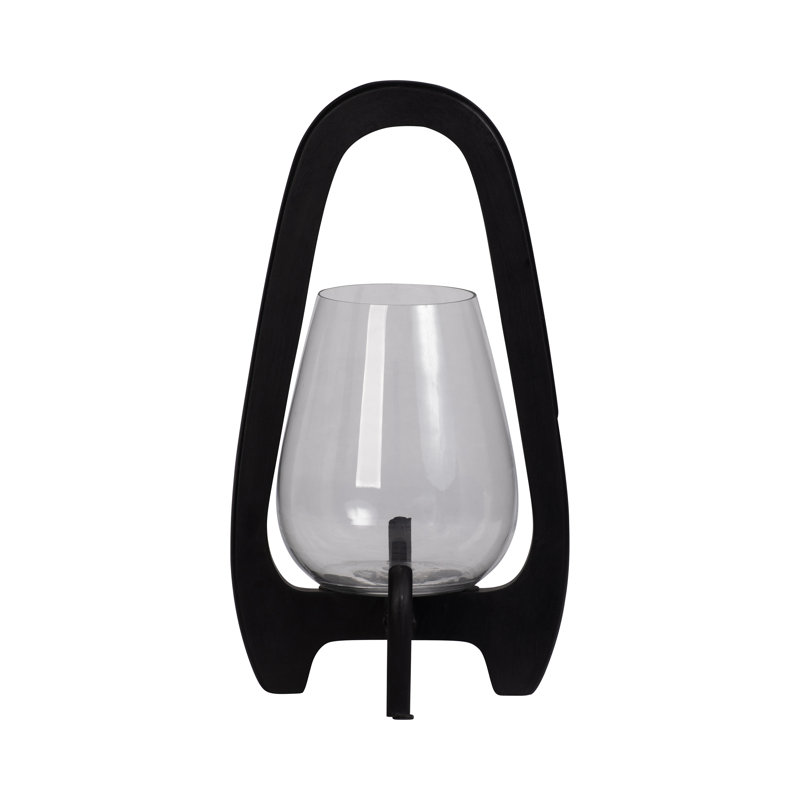 Sculpted Wood Glass Hurricane Lantern, For Decorative Use, Mango Wood and Glass, 15" H x 8" W x 8" D, Black