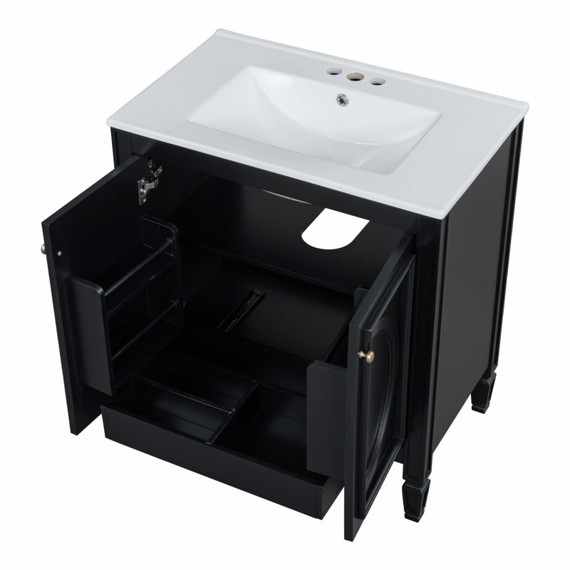Meuble-lavabo de salle de bain avec lavabo en céramique, tiroir de rangement et portes à fermeture en douceur, Noir