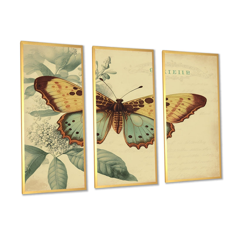 Illustration rétro de papillons VI - animaux, ensemble d'art mural sur toile_80517, H 32 po x l 48 po x P 1 po