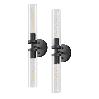 Matte Black 2-Head Wall Light - Clear Glass Modern Sconce, Ideal For Bathroom Mirror & Hallway (Bulbs Not Included)