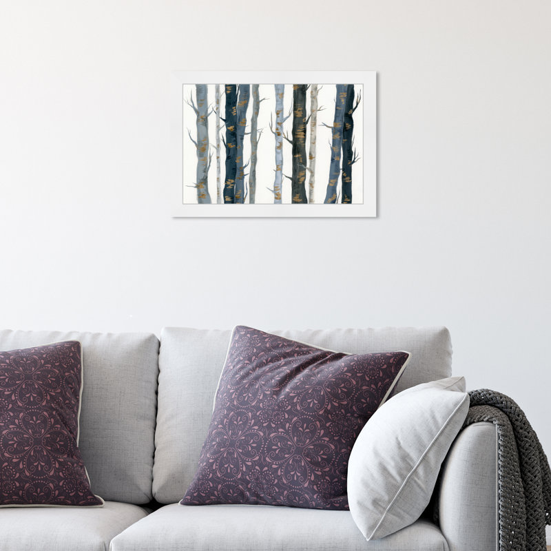 Paysage bleu et blanc et arbres de la nature - peinture encadrée, H 12 po x l 17 po, Cadre blanc