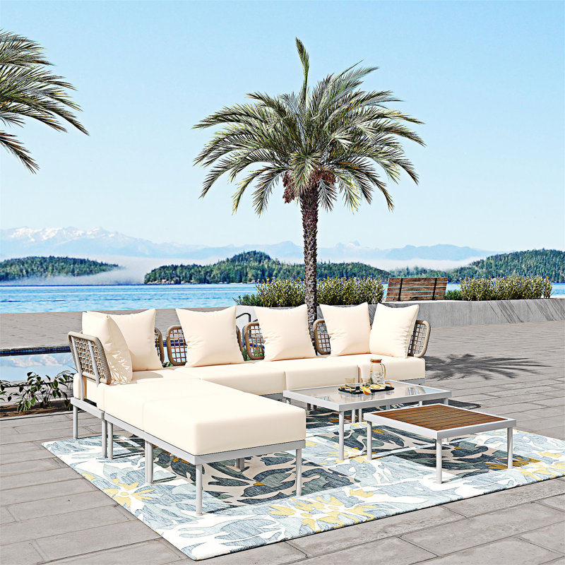 8-Piece Patio Sectional Sofa Set, Beige Cushion/White Frame