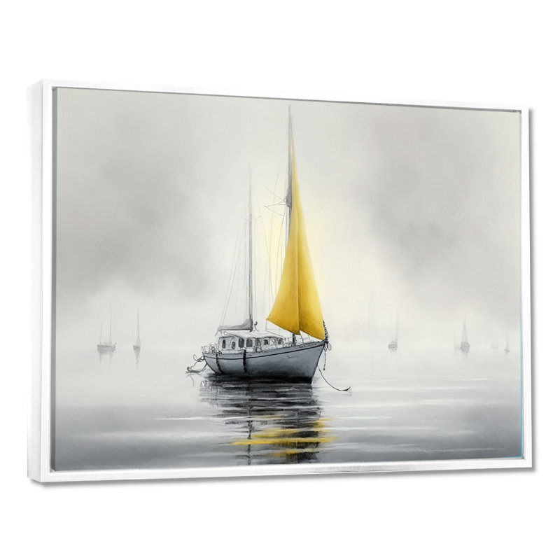 Bateau ancré III - art mural bateau côtier, H 16 po x l 32 po x P 1 po, Cadre flottant blanc