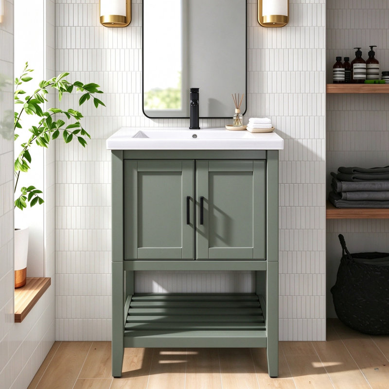 Maloy 24 " W Freestanding Standard 1 Single Vanity Bathroom Vanity With Ceramic Top, Pewter Green
