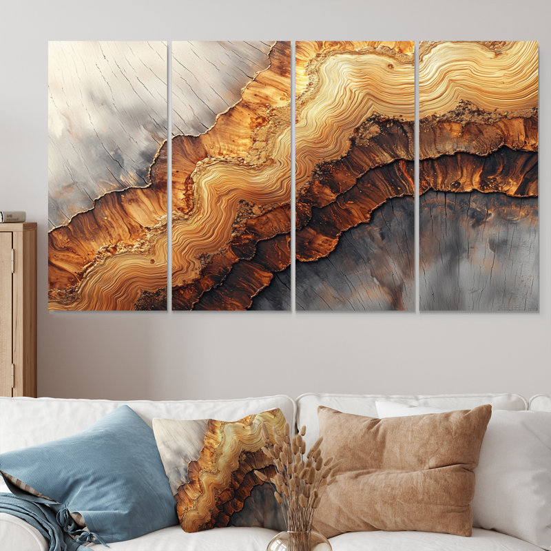 Pierre grise et rivière en bois gris - art mural Geode - ensemble d'art mural traditionnel, H 32 po x l 64 po, 4
